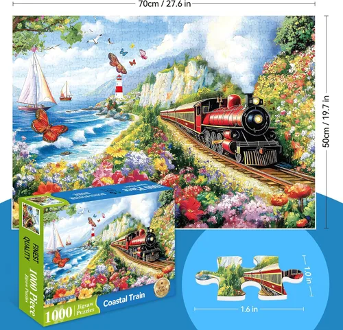 Vista 2 de Rompecabezas de 1000 piezas para adultos, rompecabezas para adultos de 1000 piezas, rompecabezas de tren de flores costeras, rompecabezas desafiante