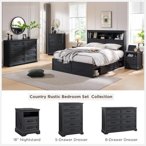 Vista 8 de ACCOHOHO mesita de noche de 18" estilo granja con estación de carga, mesa auxiliar con 2 cajones de almacenamiento, mesa de cabecera, mueble de Negro