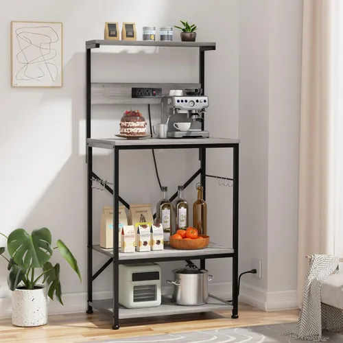 Vista 14 de Shintenchi Estante para panaderos con toma de corriente, gran espacio de almacenamiento, barra de café de 10 ganchos con panel de alambre de metal