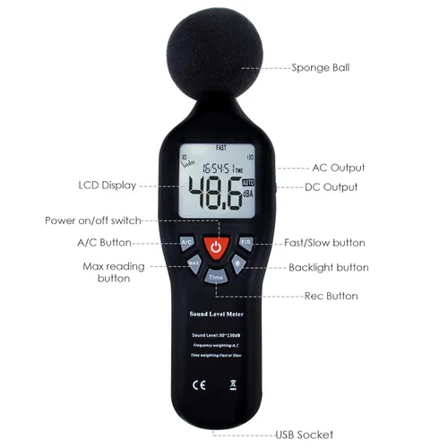 Vista 4 de Instrumento compacto medidor de nivel de sonido profesional con pantalla de retroiluminación Medición de alta precisión 30dB-130dB
