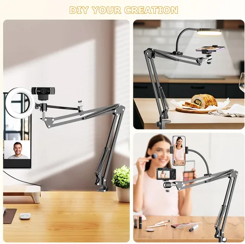 Vista 10 de Soporte de cámara superior con anillo de luz, brazo flexible articulado para teléfono compatible con iPhone, webcam Logitech, trípode de escritorio