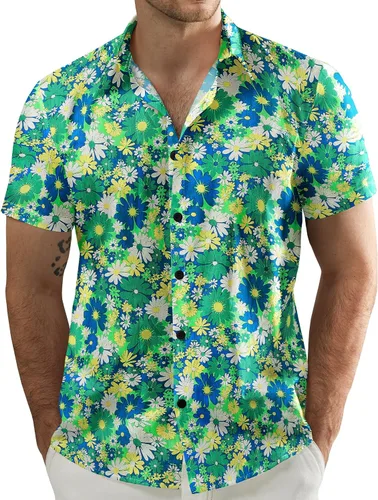 Vista 10 de JOGAL - Camisa hawaiana de Aloha para hombre, manga corta, diseño de flores Negro Blanco Línea