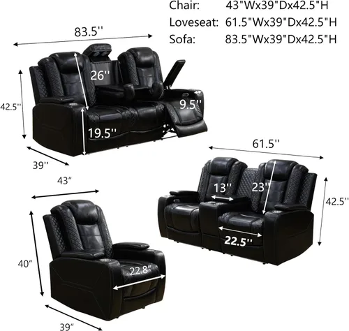 Vista 2 de Juego de sofá reclinable eléctrico de cuero con LED, juego de muebles de sala de estar, juego de sofá de cuero con puerto USB, consola