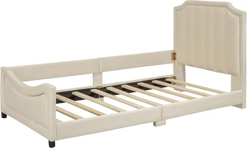 Vista 9 de Harper & Bright Designs Marco tapizado de sofá cama individual para niños, cama de plataforma de terciopelo individual con cabecera clásica