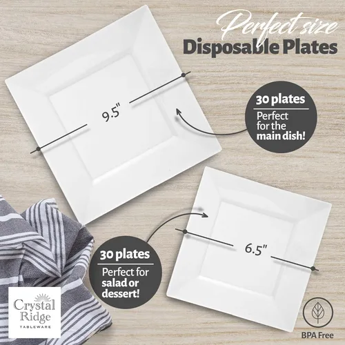 Vista 3 de 60 piezas de platos desechables cuadrados de plástico blanco, platos premium de alta resistencia, 30 platos para cena y 30 platos para ensalada