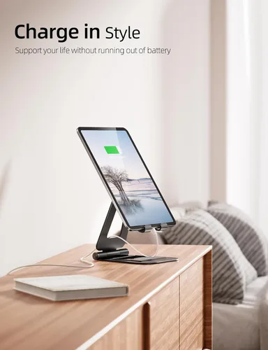 Vista 2 de Nulaxy Soporte plegable doble de aluminio para iPad, soporte para tablet de escritorio totalmente ajustable, accesorios para tableta de oficina
