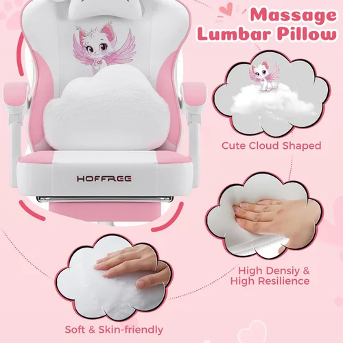 Vista 5 de HOFFREE Silla Rosa para Juegos con Orejas de Gato y Almohada Lumbar de Masaje en Forma de Nube, Silla Ergonómica Linda para Computadora para Niñas