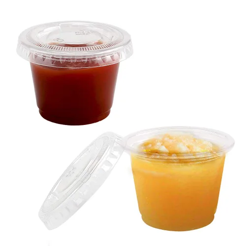 Vista 10 de TashiBox Juego de 100 vasos de plástico desechables con tapas, vasos de chupito de gelatina para soufflé