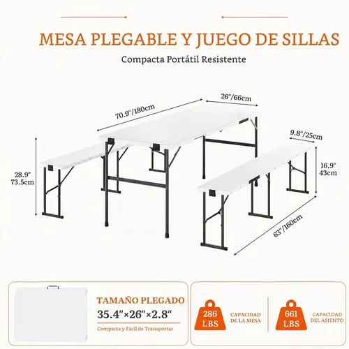 Vista 3 de DWVO Mesa de picnic plegable de 6 pies con bancos, juego de mesa de picnic Mesa de picnic plegable de 6 pies con bancos, bancos plegables de 6 pies