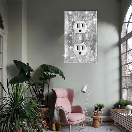 Vista 5 de 2 cubiertas de salida de diamantes de imitación plateados brillantes, placas de pared, cubierta de interruptor de luz, cubierta de salida