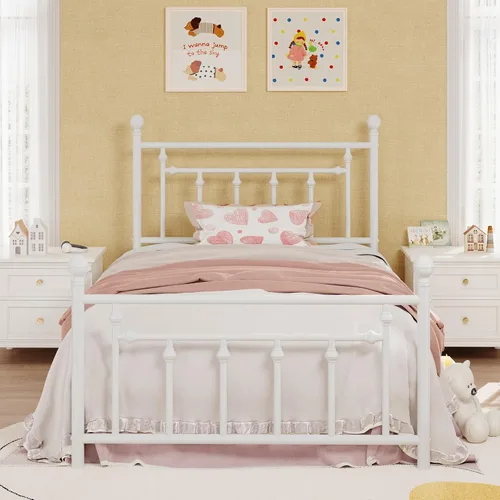 Vista 13 de SHA CERLIN Marco de cama de plataforma de metal tamaño individual de 14 pulgadas, cabecera y estribo victorianos/base de colchón de listones