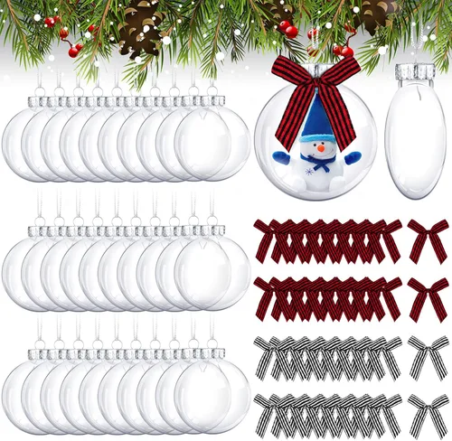 Vista 9 de Yookeer 64 discos de plástico para adornos navideños, bolas de plástico iridiscentes transparentes rellenables con tapa plateada y lazos a cuadros