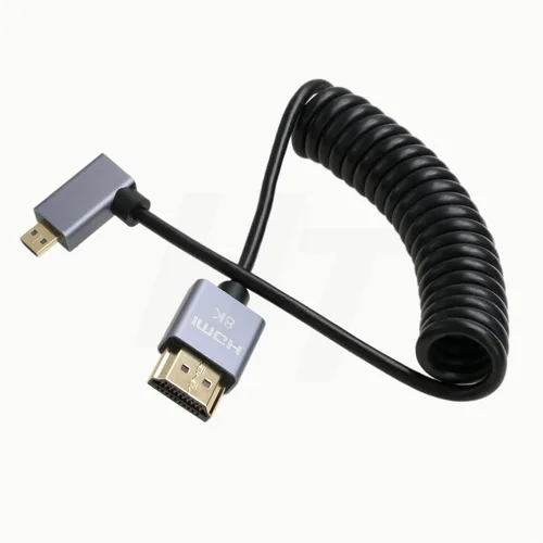 Micro HDMI a ángulo recto HDMI 4K 8K Cable en espiral para Sony A6400 A7R Canon R5 R7 GH4 S5 Z50 Cámara ATOMOS Ninja V Portkeys Monitor Tipo A D