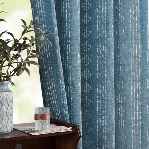 Vista 3 de Vangao Cortinas bohemias con estampado de rayas azules, cortinas de granja de 96 pulgadas de largo, 2 paneles de cortinas de mezcla de lino
