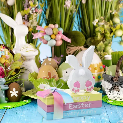 Vista 4 de Ferraycle 4 piezas de decoración de mesa de Pascua, cola de conejo, bandeja escalonada, decoración de mesa de feliz Pascua, centro de mesa