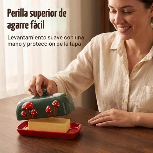 Vista 5 de Mantequera de Cerámica en Forma de Seta con Tapa para Encimera - Bandeja de Contenedor Rojo, Grande Cubierta