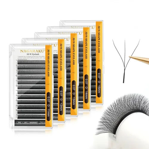 Vista 250 de NAGARAKU Extensión de pestañas en forma de W 3D con volumen en racimo, abanico prefabricado, pestañas postizas de visón sintético mate negro
