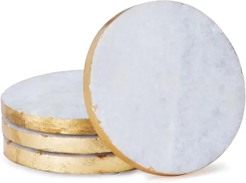 Thirstystone - Portavasos redondos de mármol Blanco con bordes dorados (4 unidades), multicolor