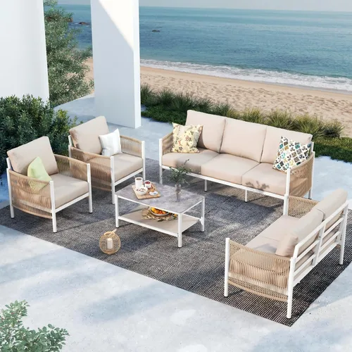 Vista 23 de Sofá de dos plazas de aluminio para patio exterior, sofá de patio de cuerda HDPE con cojín grueso lavable, muebles de patio para todo tipo de clima