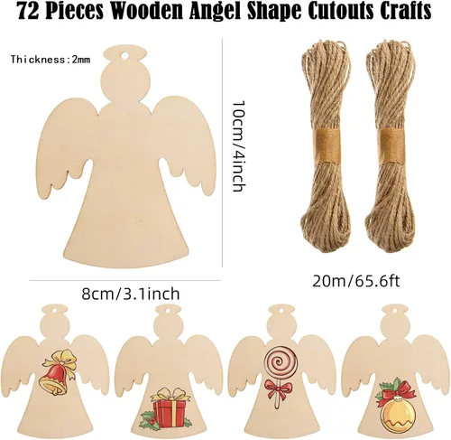 Vista 2 de 72 piezas de recortados de ángel de Navidad en madera sin terminar, adornos en forma de ángel de madera, rebanadas en blanco de madera, decoraciones