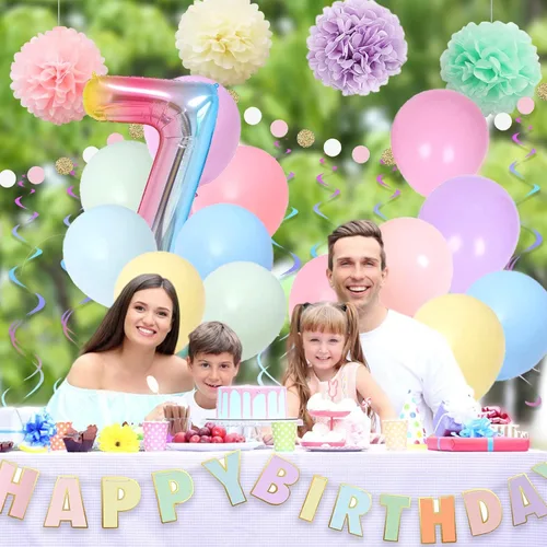 Vista 5 de BRT Bearingshui Decoraciones de 7º cumpleaños – Globo de 40 pulgadas con degradado arcoíris número 7, pancarta de feliz cumpleaños, suministros