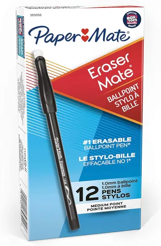 Vista 5 de Paper Mate EraserMate - Bolígrafo borrable, punta media, color negro, caja de 12