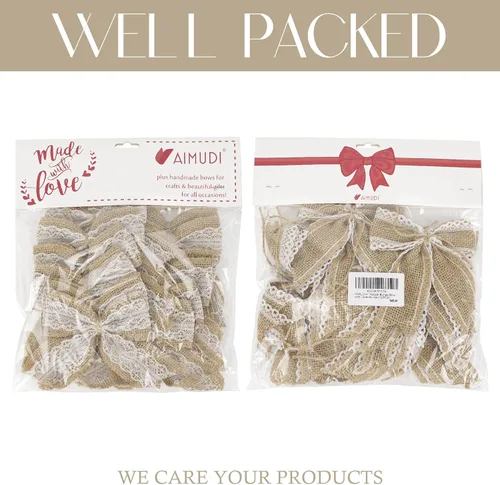 Vista 7 de AIMUDI Lazos de encaje de arpillera natural de 4 pulgadas, lazos rústicos de arpillera para decoración de árbol de Navidad, lazos de boda de encaje