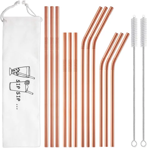 Hiware Paquete de 12 pajitas de metal color oro rosa reutilizables con estuche, pajitas de acero inoxidable para vasos de 30 y 20 onzas, aptas para