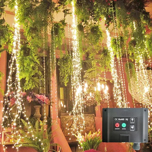 Vista 7 de SHUKAN - Serie de 220 luces LED de luciérnaga que funcionan con pilas, 8 modos intermitentes, luces en cascada de alambre de cobre, guirnalda
