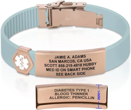Vista 181 de Divoti Pulsera de identificación de alerta médica grabada personalizada, grabado láser de doble cara (hasta 9 líneas), pulsera de silicona ajustable