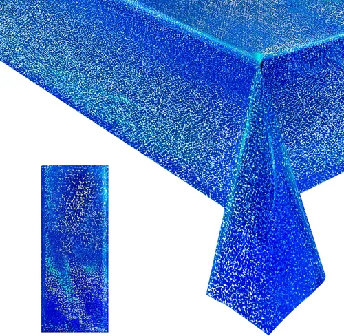 Vista 53 de 2 manteles plateados holográficos brillantes con láser de disco, manteles de plástico iridiscente de 40" x 108", funda de mesa blanca