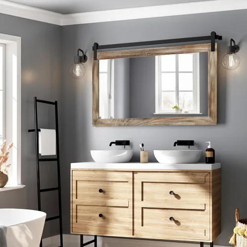 Vista 59 de COGOOD Espejo de puerta de granero de granja, 25 x 18 pulgadas, espejo decrativo con marco de madera rústica para baño, sala de estar, decoración