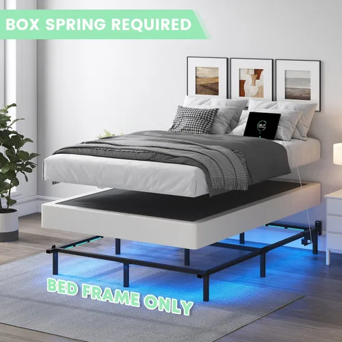 Vista 4 de QEROMY Base de cama matrimonial para somier, marco de cama de metal de 7 pulgadas con luces LED, base de cama de soporte de 9 patas, fácil montaje