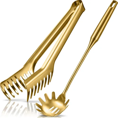 Vista 9 de Patelai Juego de cuchara de espagueti y pinzas para pasta, herramientas de servicio de fideos de mango largo con orificios de drenaje, agarre Negro