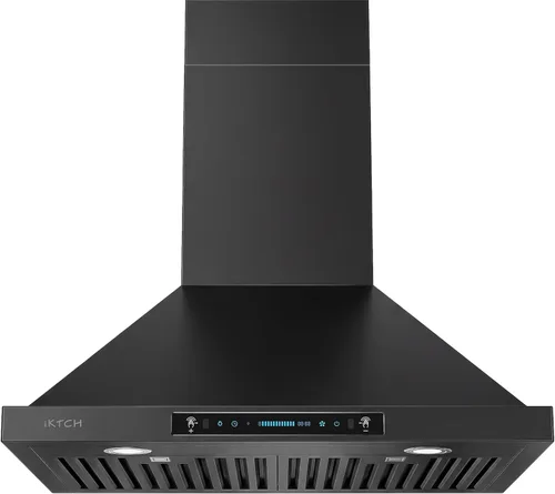 IKTCH Campana extractora negra de 30 pulgadas para montaje en pared, 900 CFM con canalizado/sin conductos, campana de ventilación de acero