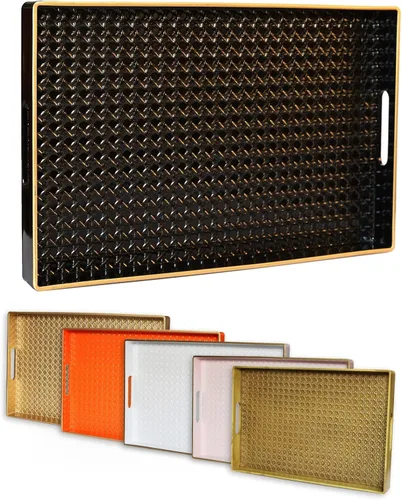 Bandeja decorativa negra para mesa de café, bandeja rectangular de plástico con asas para sala de estar, otomana, baño, 15.7 x 10.2 pulgadas