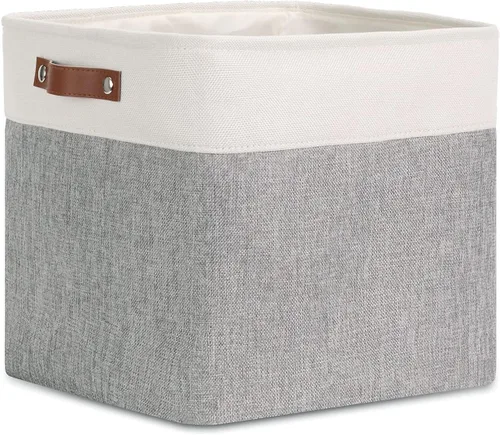 Vista 14 de DULLEMELO Cesta de almacenamiento pequeña para estantes, pequeña cesta plegable de tela rectangular para estantes, armarios, guardería, hogar, Beige