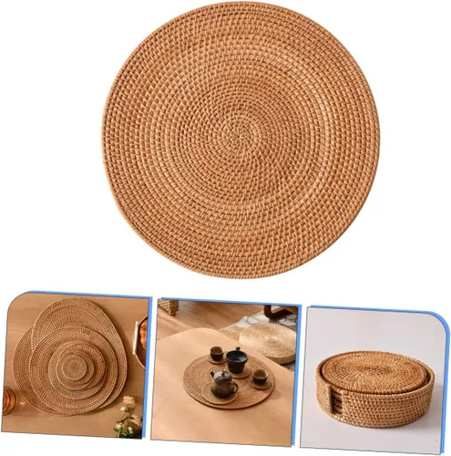 Vista 6 de CUBTOL Juego de 6 posavasos para mesa de café, manteles individuales redondos de mimbre tejido para taza de campo, tapete de mesa redondo tejido