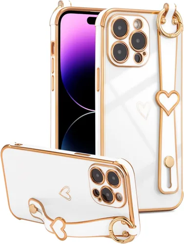 Vista 6 de ZTOFERA Funda diseñada para iPhone 14 Pro Max de 6.7 pulgadas, borde chapado de lujo, patrón de corazones de amor con pulsera, protección de lente