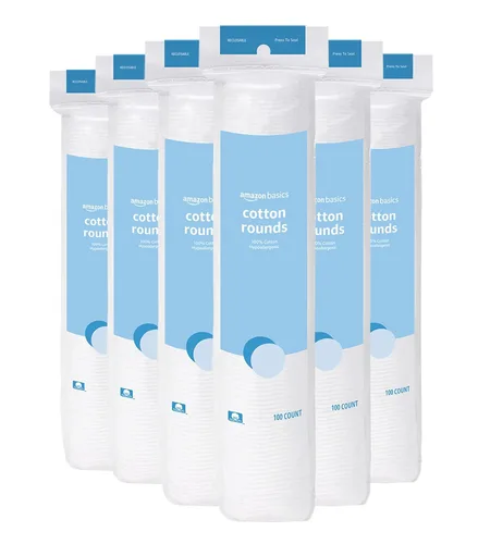 Amazon Basics Rondas hipoalergénicas 100% algodón para desmaquillante y cuidado de la piel, todo tipo de piel, 600 unidades, 6 paquetes de 100