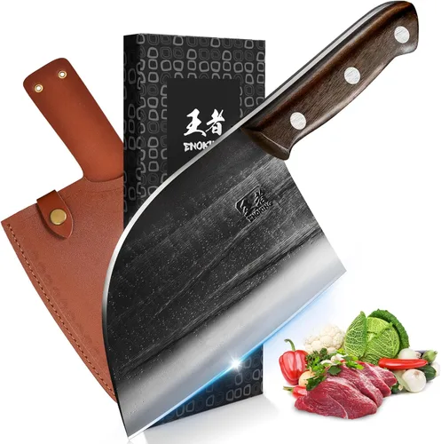 Vista 10 de ENOKING Mini cuchillo vikingo, cuchillo japonés de carnicero de chef de 5.9 pulgadas, corte de carne con funda forjada a mano, cuchillo de carne