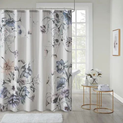 Madison Park Cassandra - Cortina de baño de percal de algodón, diseño floral, moderno, estilo shabby chic, para privacidad, 72 x 72 pulgadas, azul