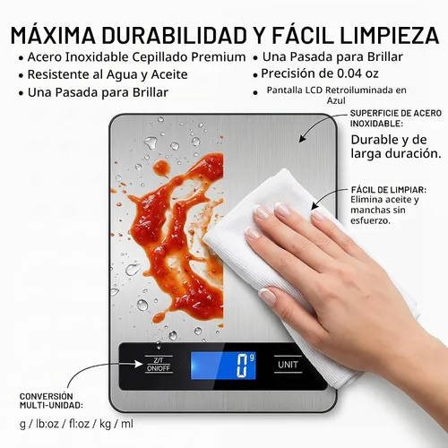 Vista 4 de Báscula de alimentos de cocina de 33 libras/33.1 lbs, báscula digital de alta precisión de 0.04 oz con temporizador y pantalla LCD retroiluminada