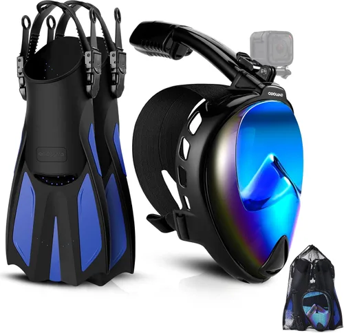 Odoland Snorkeling Packages for Adults & Youth, Full Face Snorkel Mask with Camera Mount, Adjustable Swim Fins, Mesh Bag, Anti-Fog Anti-Leak Scuba