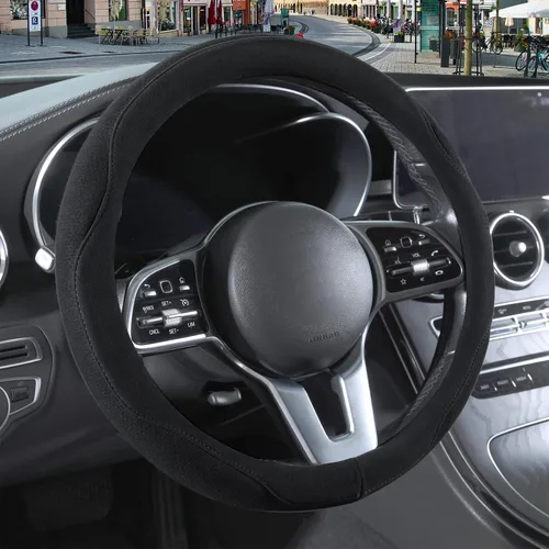 Vista 11 de Funda para volante en forma de D de gamuza negra de 14 pulgadas, transpirable, antideslizante, a prueba de sudor, resistente al desgaste, sin