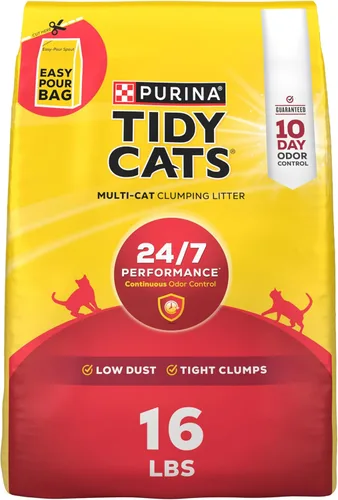 Purina Tidy Cats - Arena aglutinante para gatos con control de olor, rendimiento 24/7 para múltiples gatos, bolsa de 16 libras