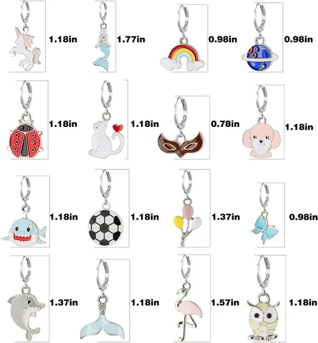 Vista 7 de Juego de 16 pares de aretes de aro hipoalergénicos para niñas con dije, lindos aretes de aro pequeños, Metal, no conocido