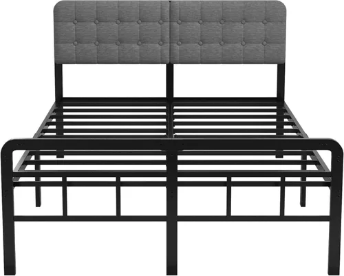 Vista 8 de EMODA Marco de cama California King de 16 pulgadas con cabecera tapizada y estribo de metal, base de colchón de soporte de listones de metal