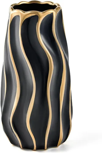 Florero de cerámica negro para decoración del hogar, florero decorativo de rayas verticales para dormitorio, oficina, sala de estar, baño,