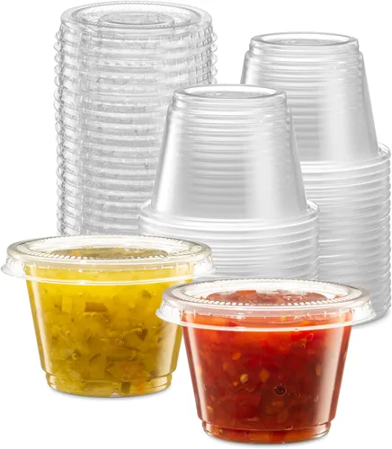 Vista 13 de {1.5 oz – 100 juegos} Vasos de plástico transparente con tapas, pequeños recipientes pequeños para control de porciones, chupitos de gelatina